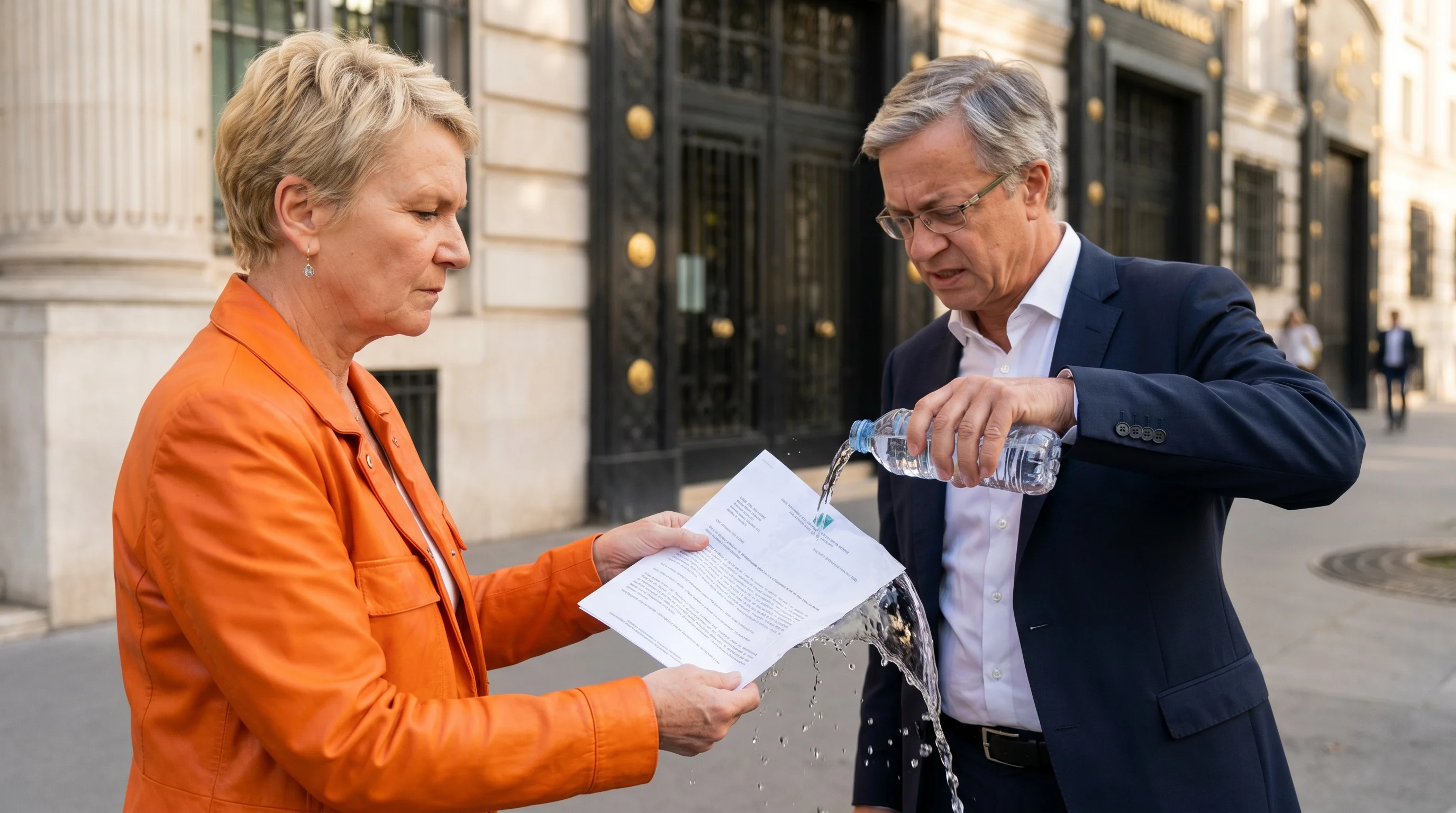 Bonnafé verse de l'eau sur le document que Lucet lui tend. (Cash Investigation / France 2)