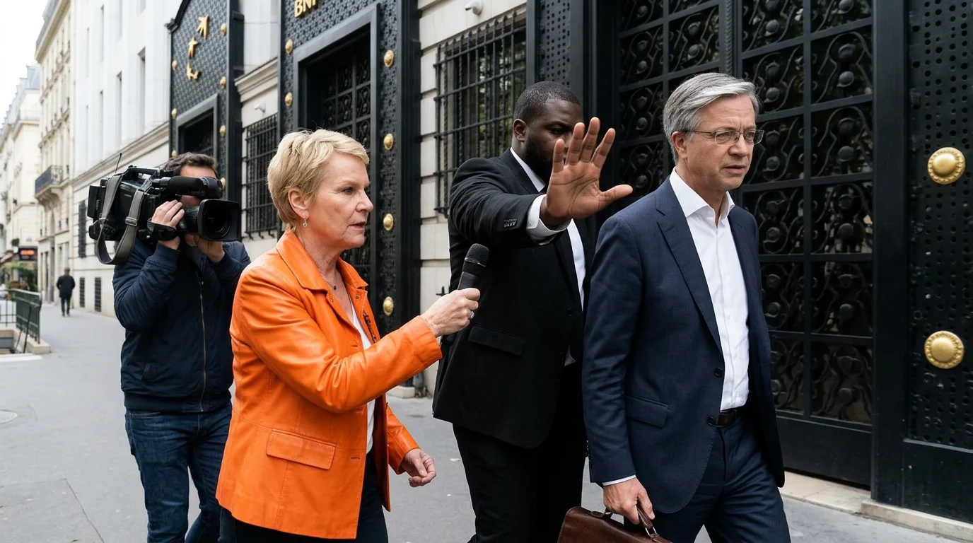 Élise Lucet interpelle Jean-Laurent Bonnafé devant le siège de BNP Paribas. Un agent de sécurité tente de bloquer la caméra. (Cash Investigation / France 2)